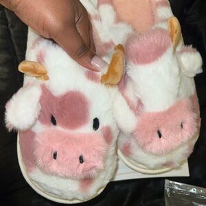 Adorable Pink and White Cow Plush Slippers